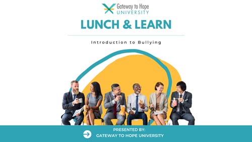 A promotional banner for the Lunch & Learn: Introduction to Bullying event by GTHU. The design features a group of diverse professionals sitting together, smiling and engaging with one another while holding lunch items. The vibrant yellow and teal background elements add visual appeal to the banner. The event aims to raise awareness about bullying, its impact on mental health, and strategies to address this important issue effectively. Presented by GTHU.