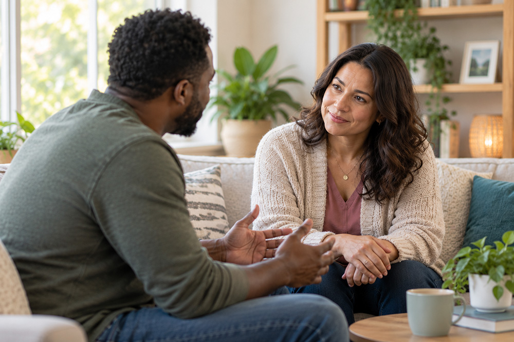 A mental health coach listening to a woman on a couch